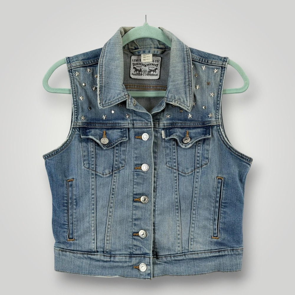 Levi's Denim Vest Womens S Blue Star Studded Trucker Y2K Cotton Jean